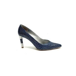Vintage Y2K blue and silver embossed leather pointed toe stiletto heels